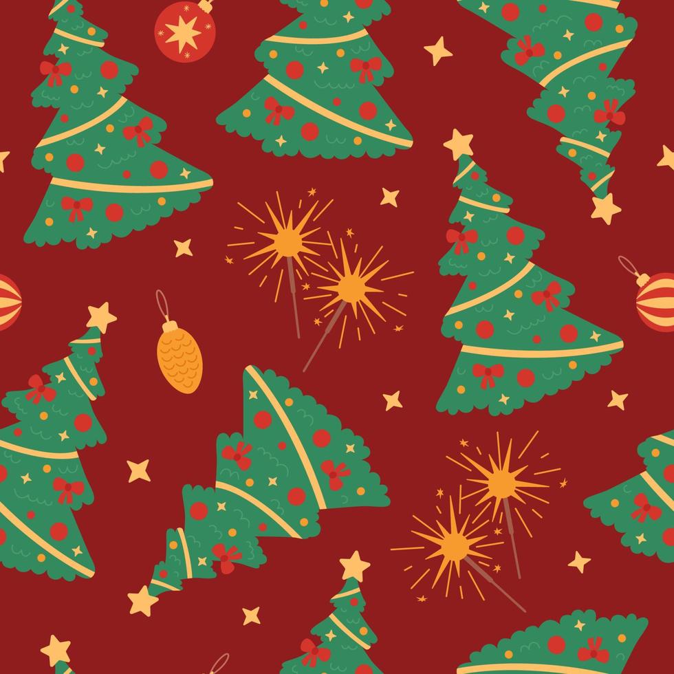 Christmas seamless pattern with christmas tree, sparklers and ornaments on red background. Vector flat illustration with holiday, New Year elements