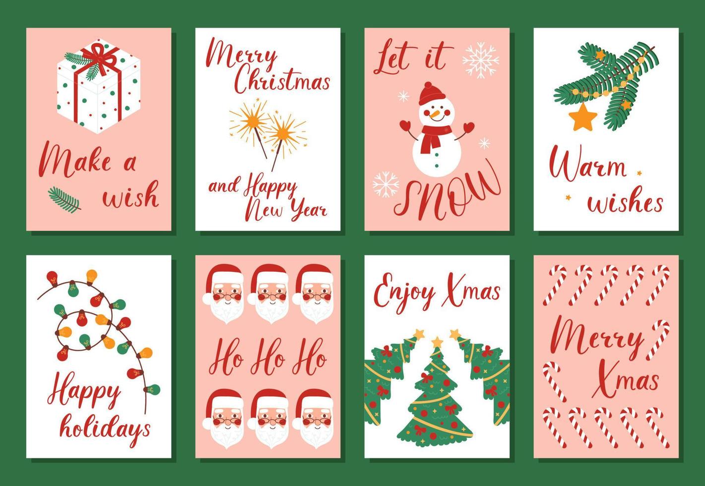 conjunto de diferentes tarjetas de felicitación de feliz navidad y feliz año nuevo con letras dibujadas a mano. ilustración vectorial plana con elementos de vacaciones vector