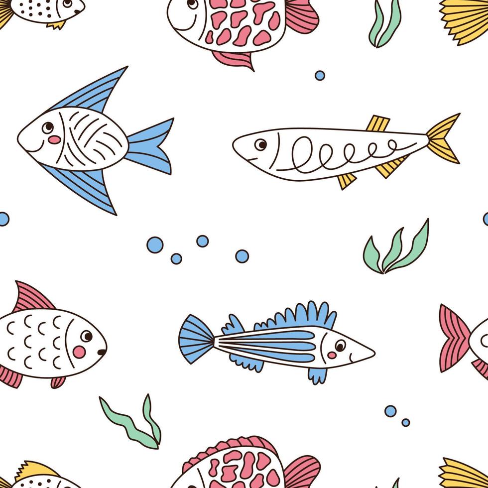 Seamless pattern with different funny fishes, seaweed and bubbles in doodle style on white background. Vector illustration