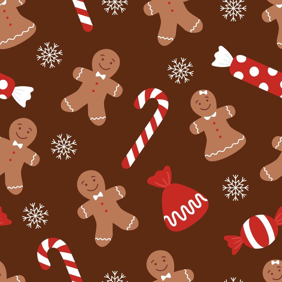 Christmas seamless pattern with gingerbread men cookies, candy cane, chocolate candies and snowflakes on brown background. Vector flat illustration with holiday, New Year sweets