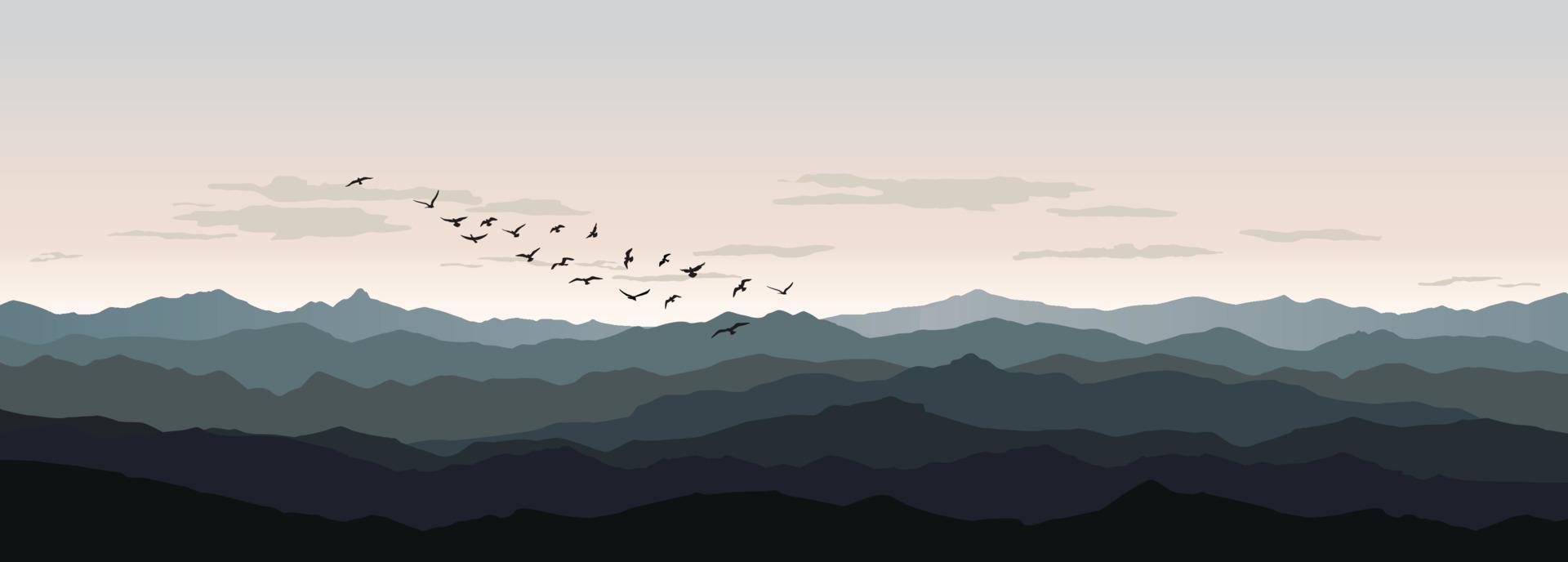 paisaje de naturaleza rural. silueta de pájaro volando sobre colinas y fondo del cielo. horizonte de montaña de vida silvestre animal. fondo de vista del complejo vector