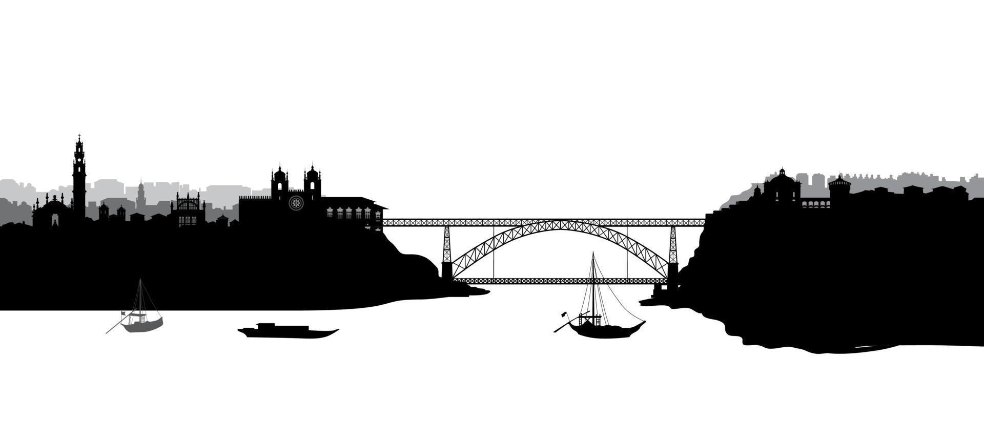vista panorámica del horizonte turístico de la ciudad de portugal. paisaje urbano portugués con el famoso puente a través del río douro vector