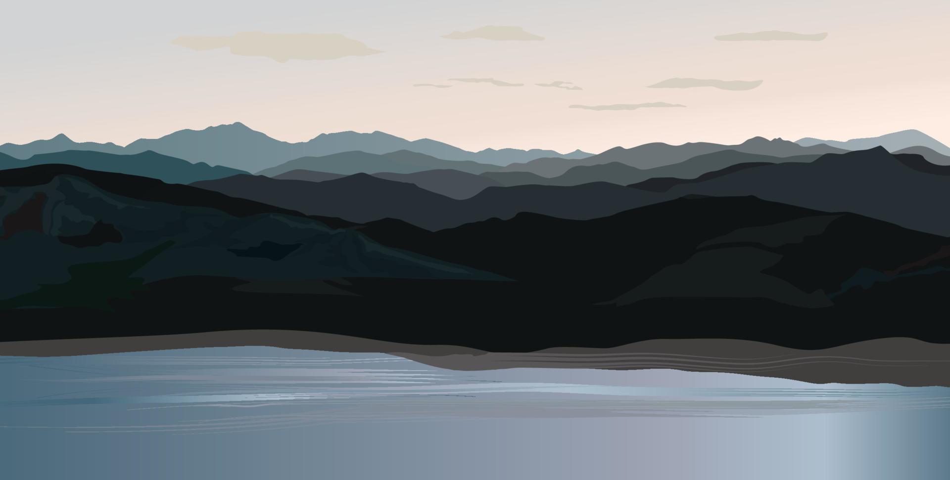 Mountain and hills landscape. Rural skyline. Lake Lagoon resort view background vector