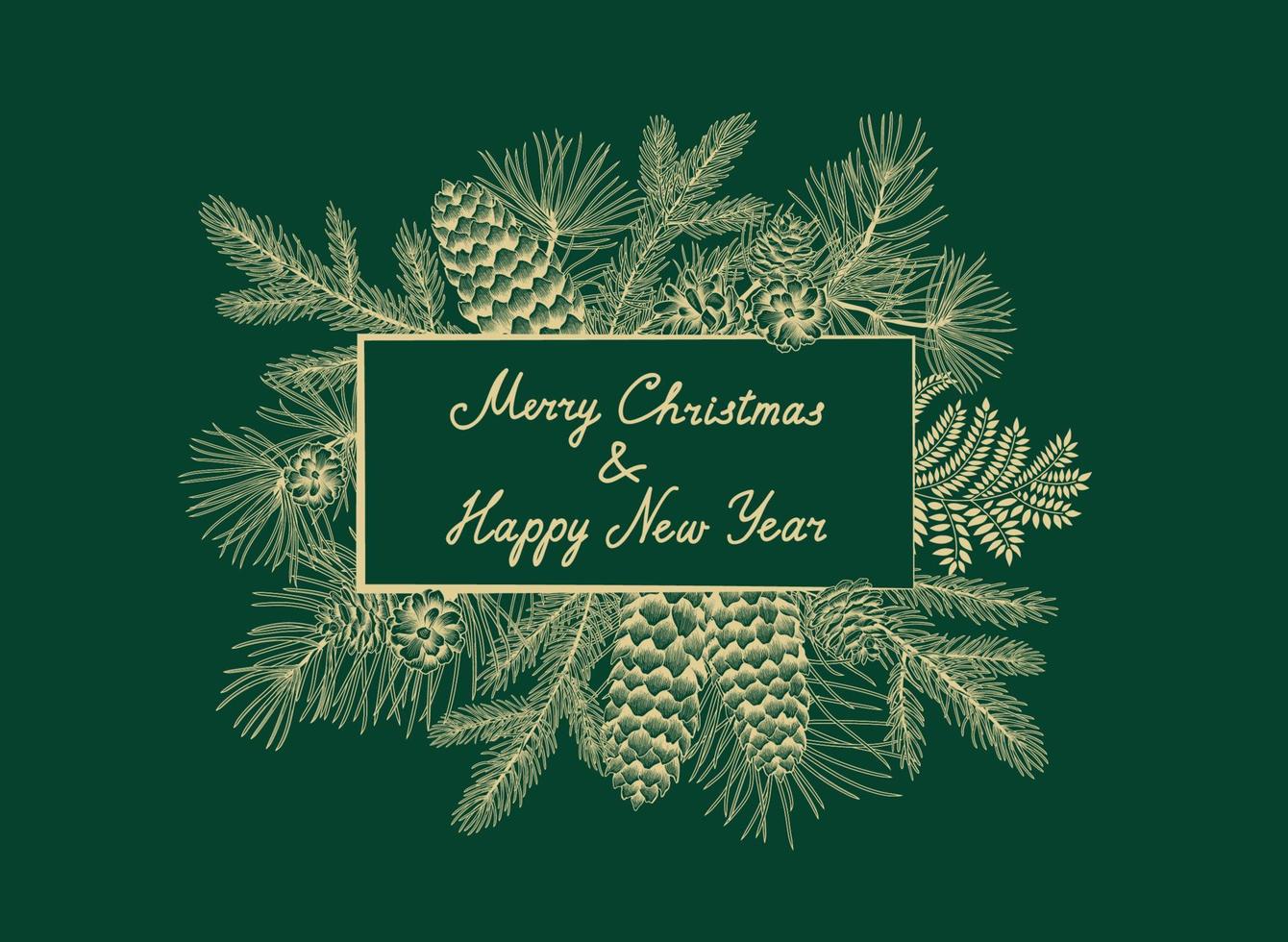Christmas holiday greeting card. Handwritten Lettering MERRY CHRISTMAS AND HAPPY NEW YEAR. Noel holiday winter floral background in engraving retro style. vector