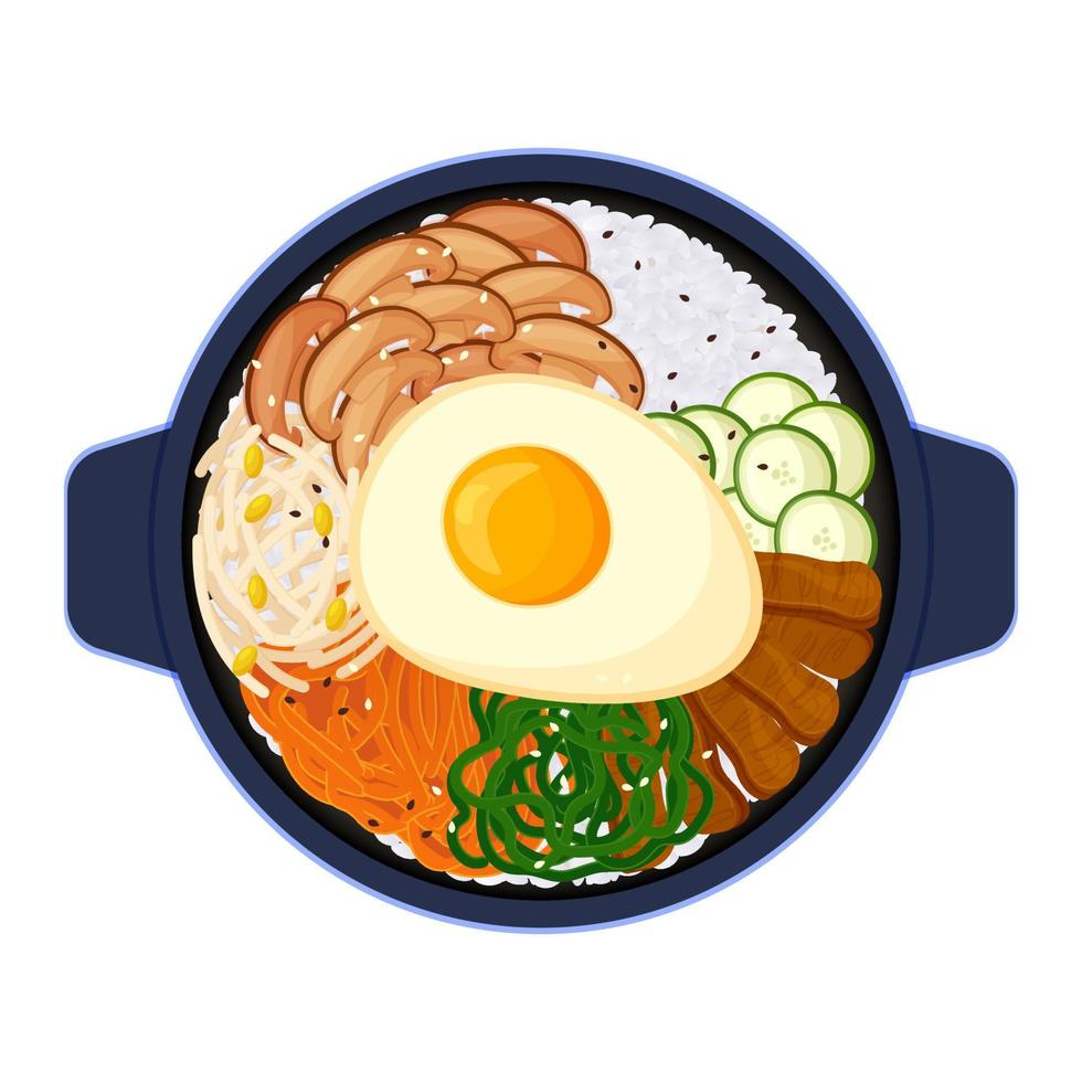 Korean traditional food bibimbap. Asian food top view in cartoon style. Colorful vector illustration isolated on white background.