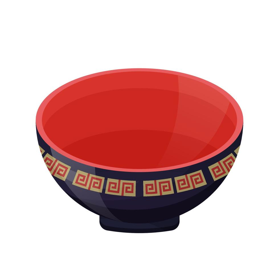 Empty bowl with asian ornaments in black and red colors. Japanese style. Utensils for a traditional dish. Colorful vector illustration isolated on white background.