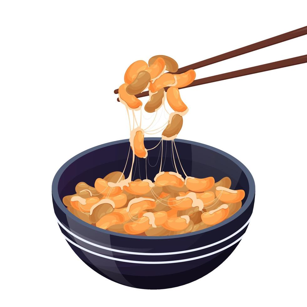 natto soja fermentada, comida tradicional japonesa saludable. comida asiática. Ilustración de vector colorido aislado sobre fondo blanco.