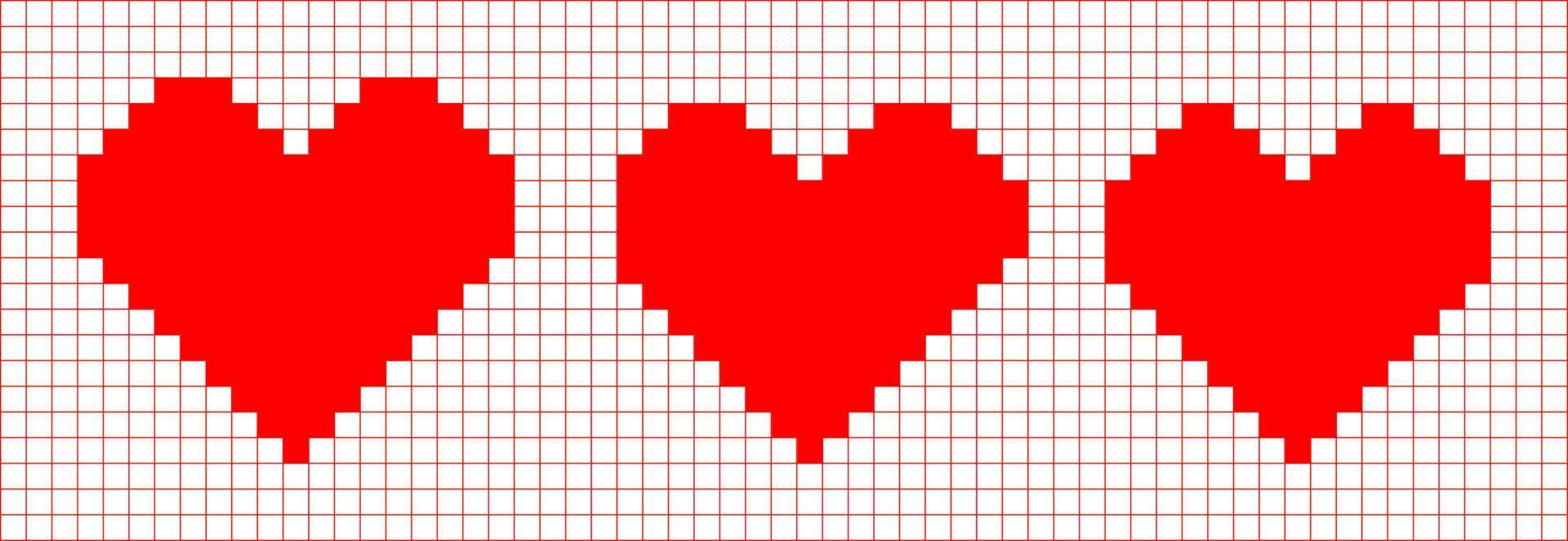 Group of three Heart shape icon. Pixel style vector