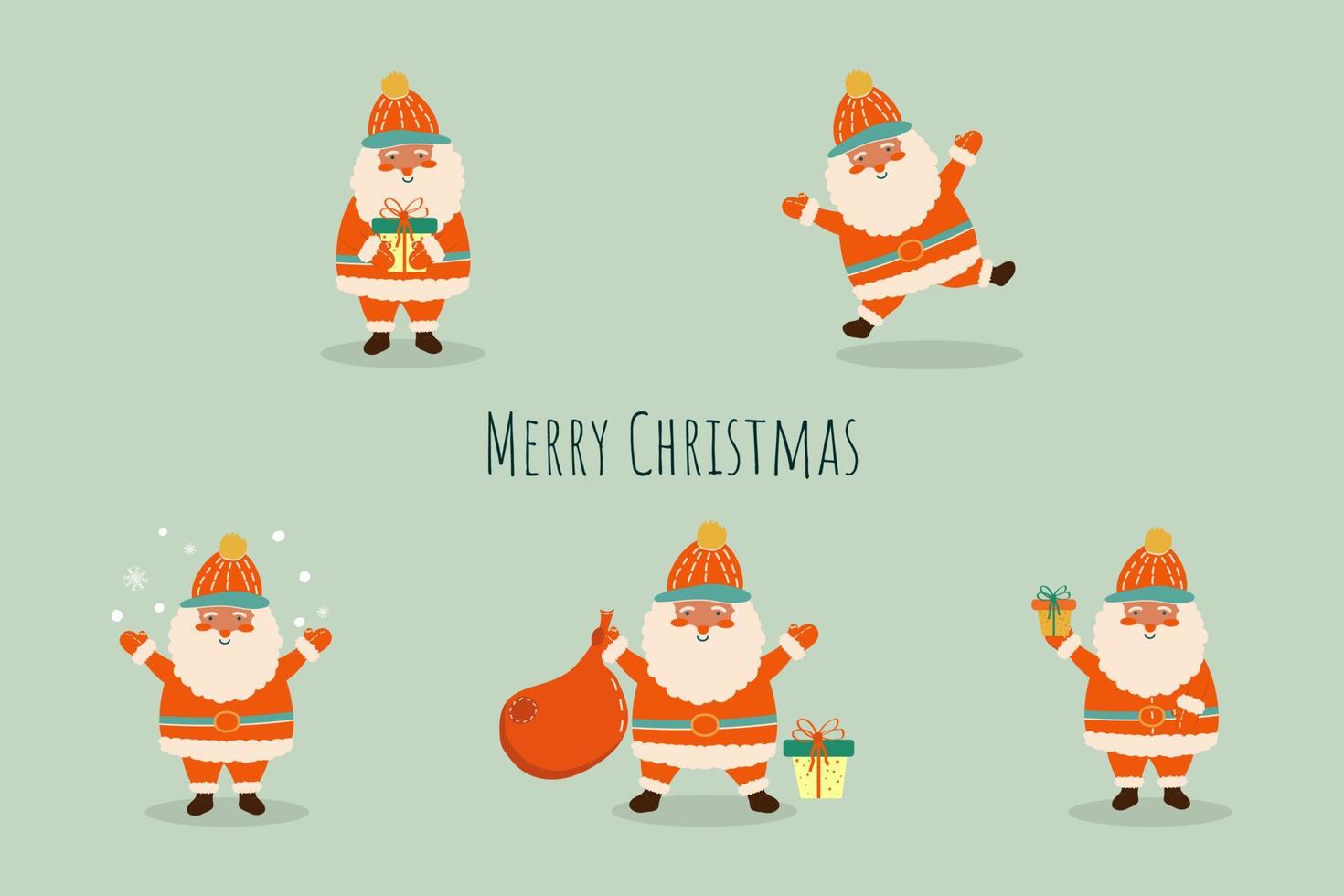 Funny Santa Claus character with gift, bag with presents, waving and greeting. Set of funny cartoon Santa with different poses. For Christmas cards, banners, tags and labels. vector