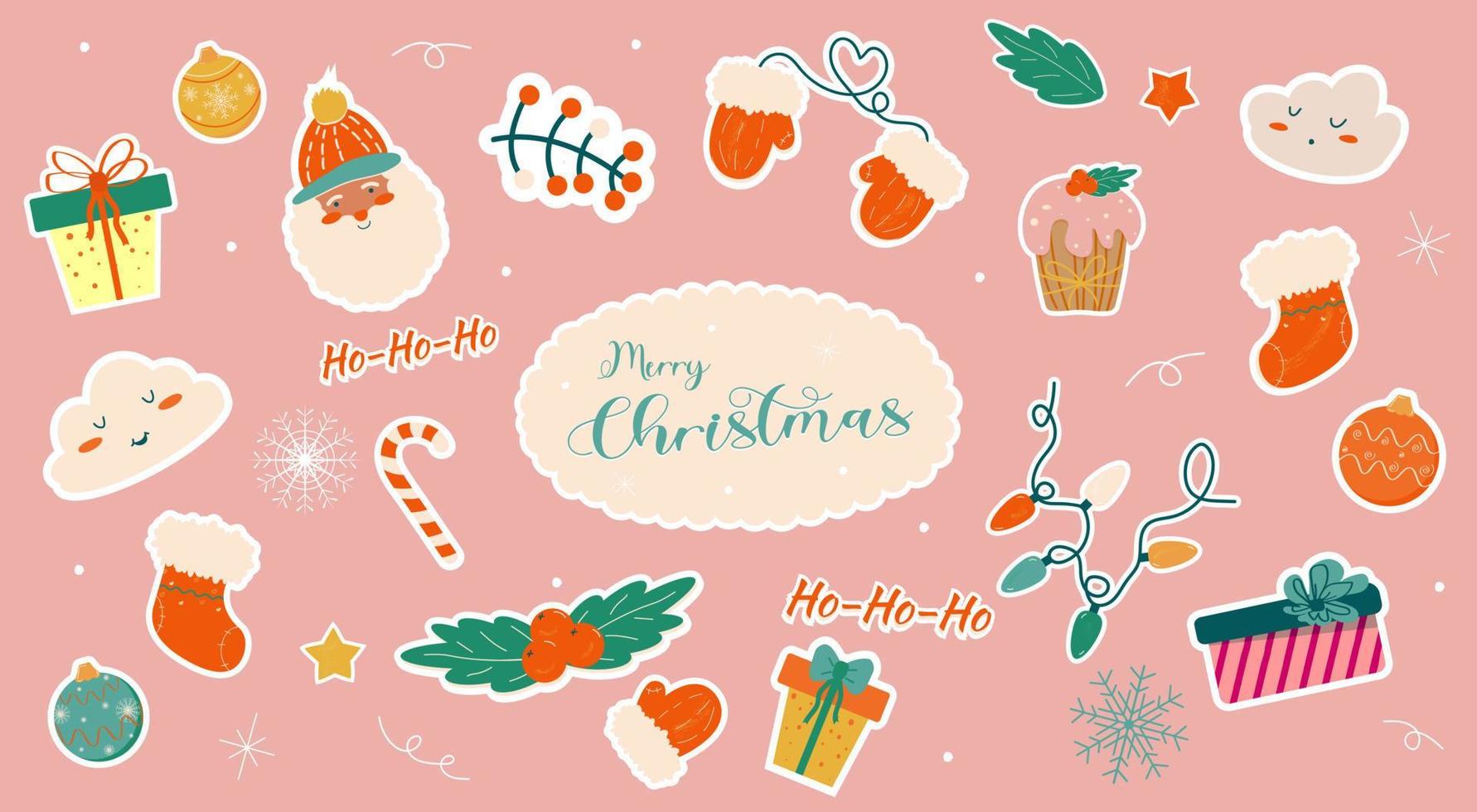 colección de pegatinas navideñas con lindos elementos de temporada, aislados. ilustración de vector colorido en estilo de dibujos animados plana