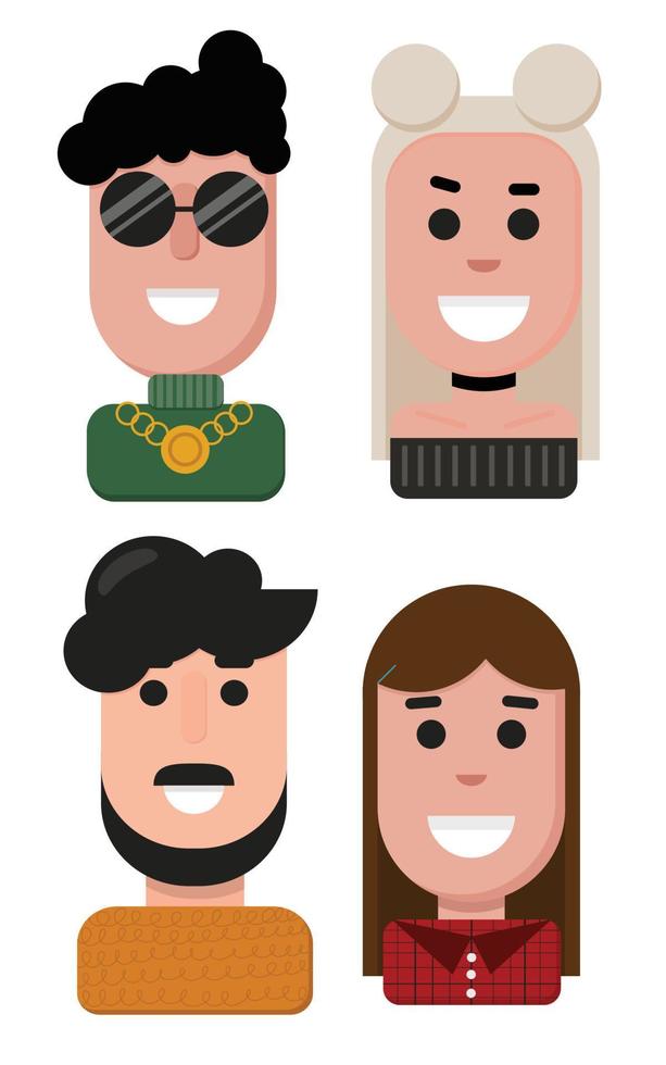 Funny flat avatars icons set. Positive male and female characters. Vector illustration.