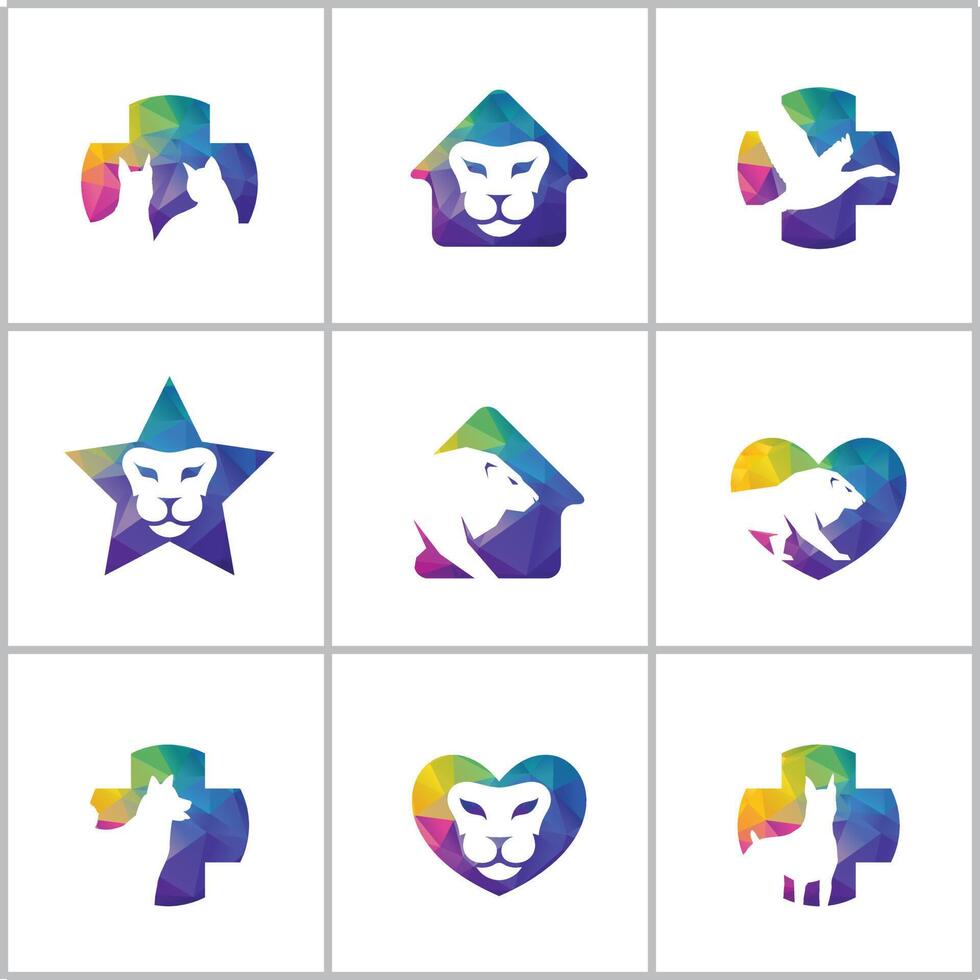 conjunto de diseño de logotipo de león, coloridos iconos de vectores de animales de vida silvestre, león polivinílico bajo en el corazón, hogar e ilustración de vectores de estrellas.