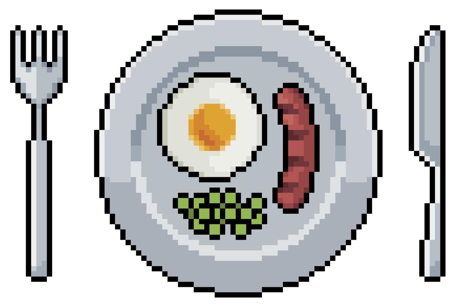 Pixel art plate with sausage, fried egg, peas and cutlery vector icon for 8bit game on white background