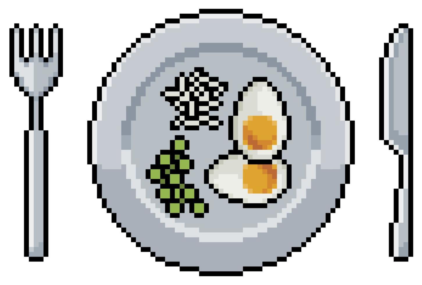 Pixel art plate with eggs, rice, peas and cutlery vector icon for 8bit game on white background