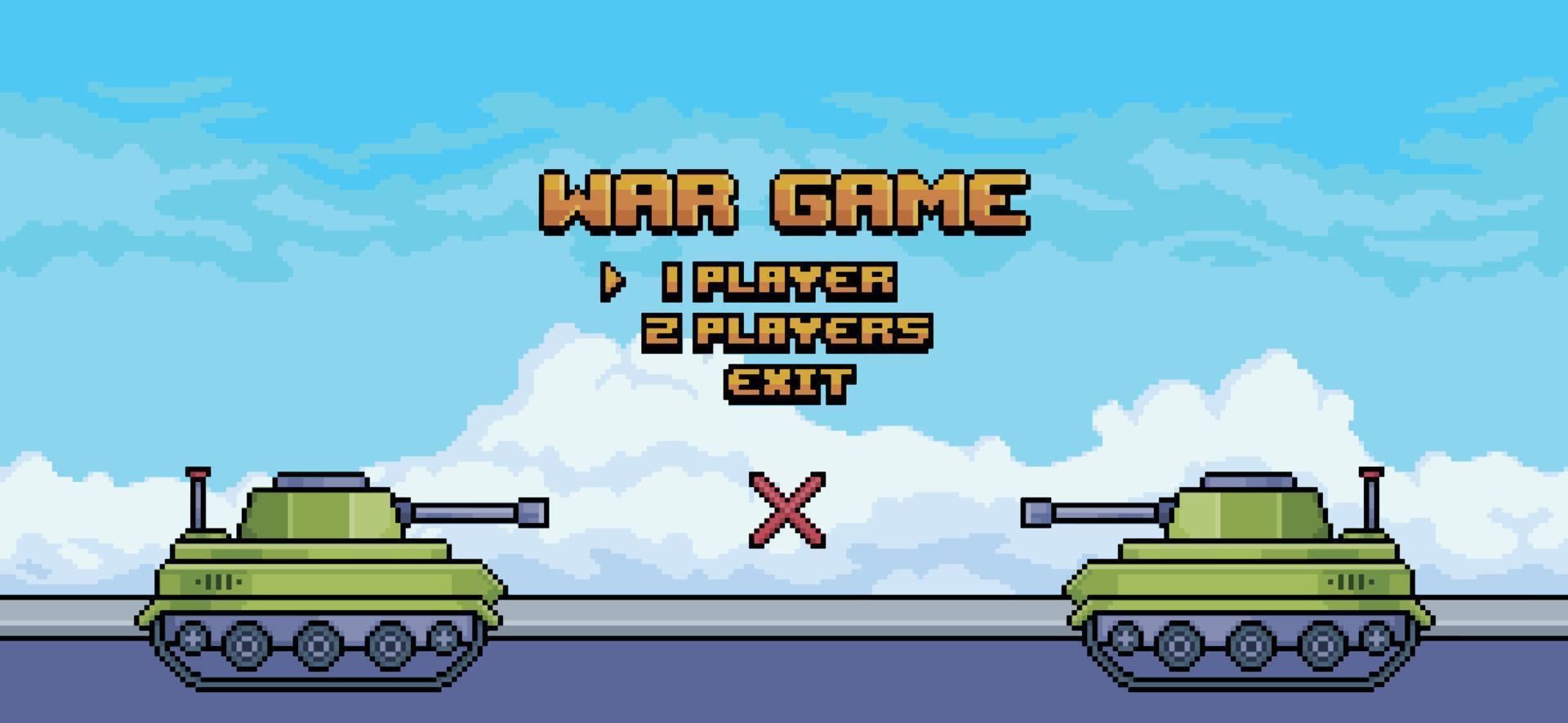 Pixel art war game splash screen with war tanks on the street, vector background for 8bit game