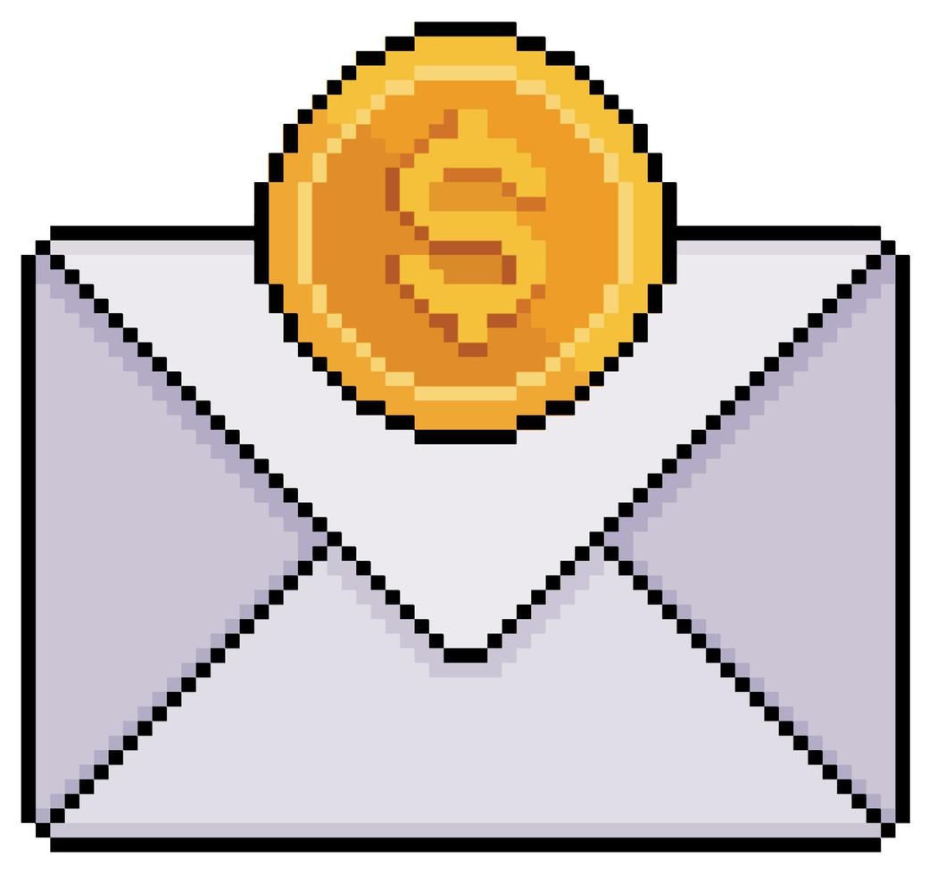 Pixel art envelope with coin, save money vector icon for 8bit game on white background