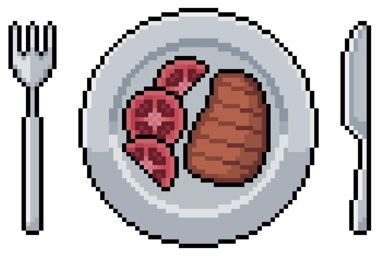 Pixel art plate with steak and tomatoes vector icon for 8bit game on white background