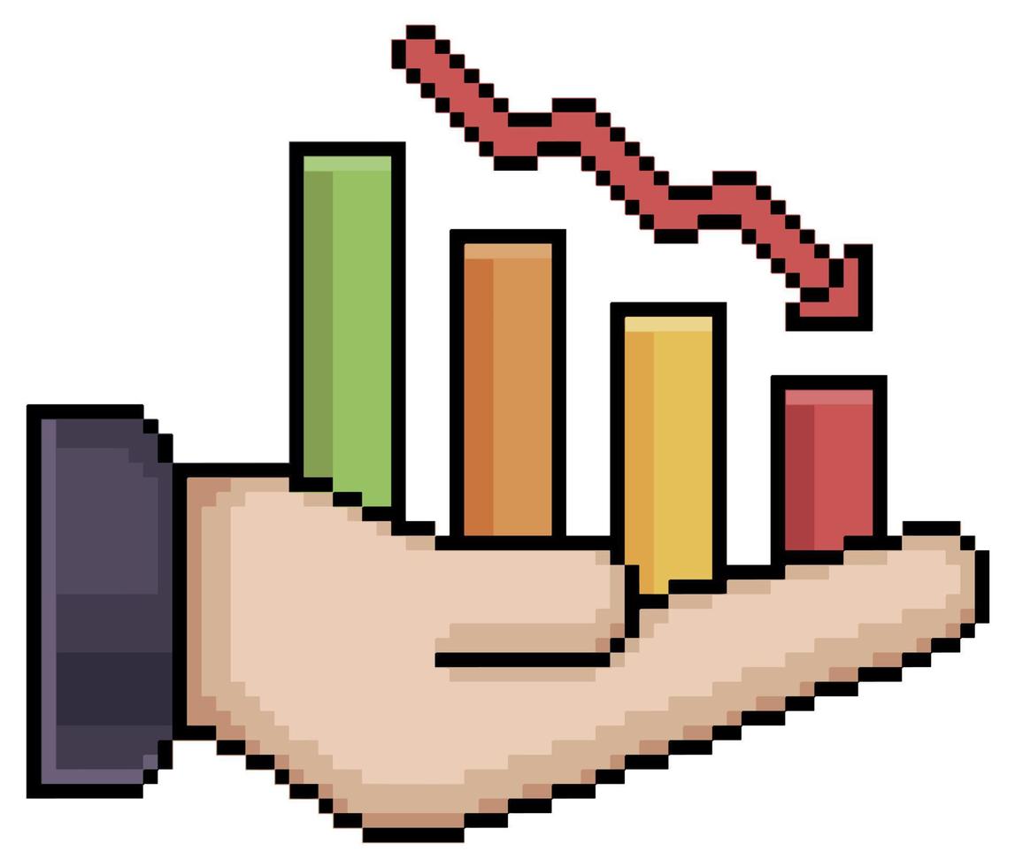 Pixel art hand and bar graph in devaluation vector icon for 8bit game on white background