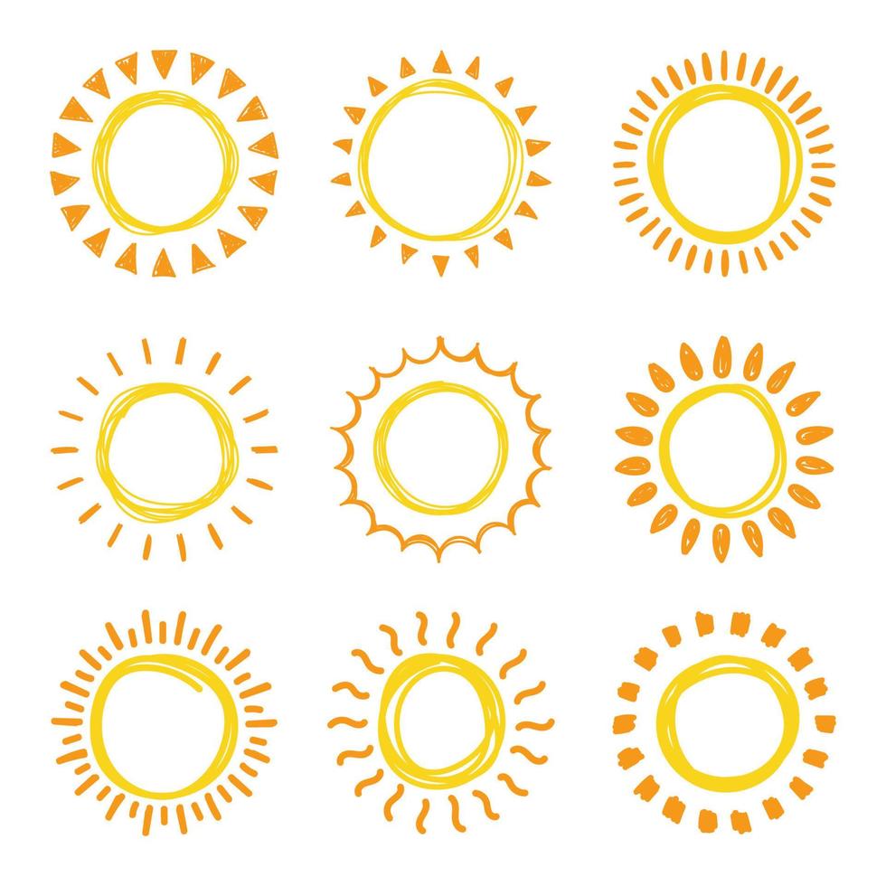 Set of doodle suns sketch, hand drawn style vector