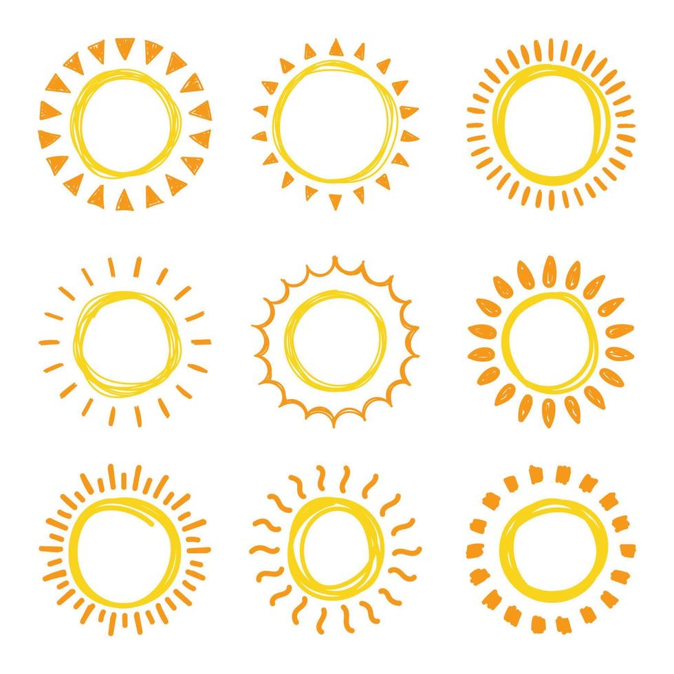 Set of doodle suns sketch, hand drawn style vector