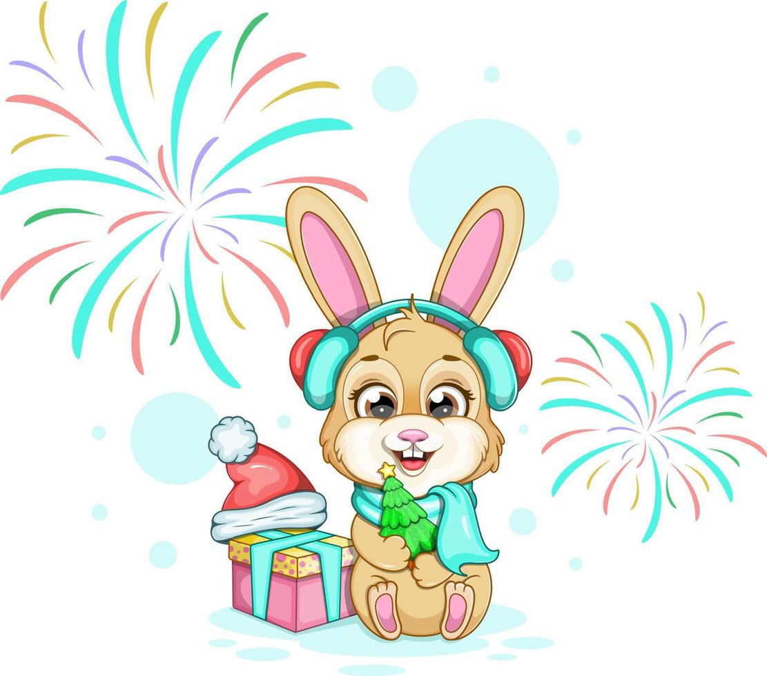 New Year and Christmas card with a cute bunny, a gift and a Christmas tree vector