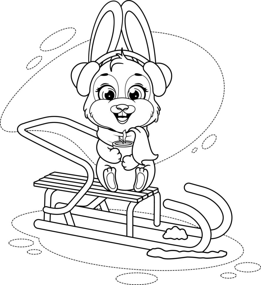 Coloring page. Cute winter bunny sits on a sled vector