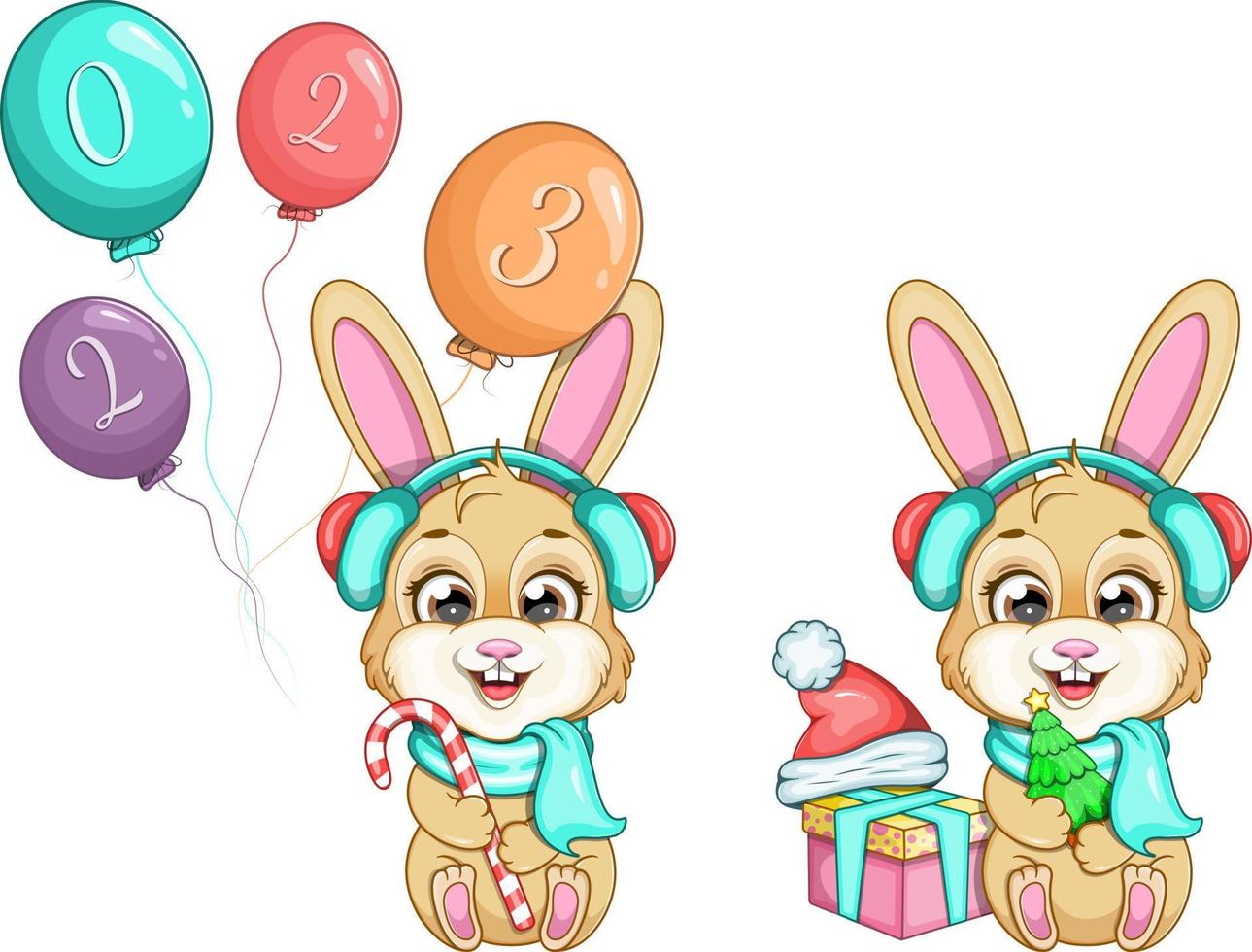 Set of cute New Year and Christmas bunnies vector