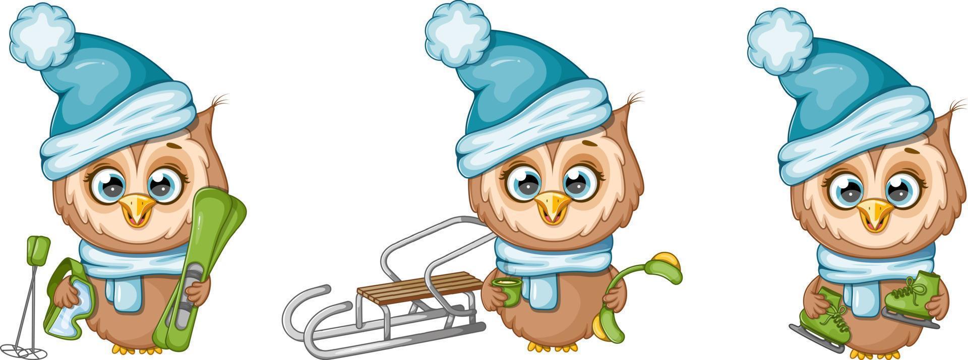 Set of cute winter owls vector