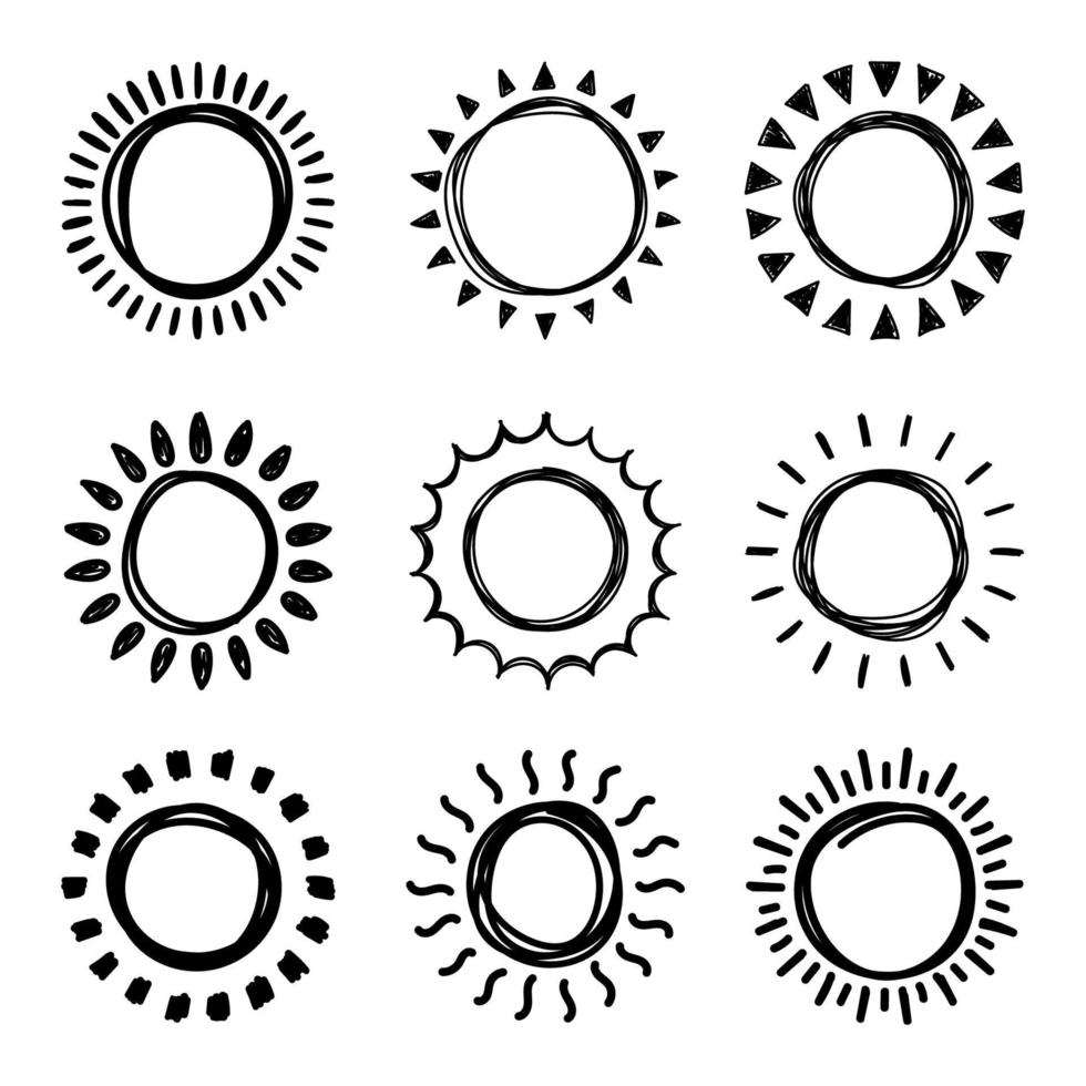 Set of doodle suns sketch, hand drawn style vector