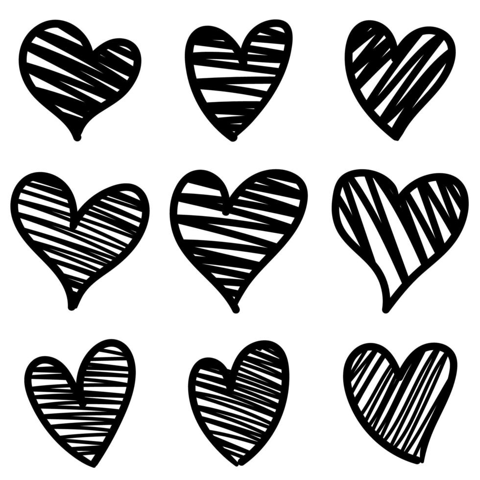 Set of black hearts sketch, valentine's day concept vector