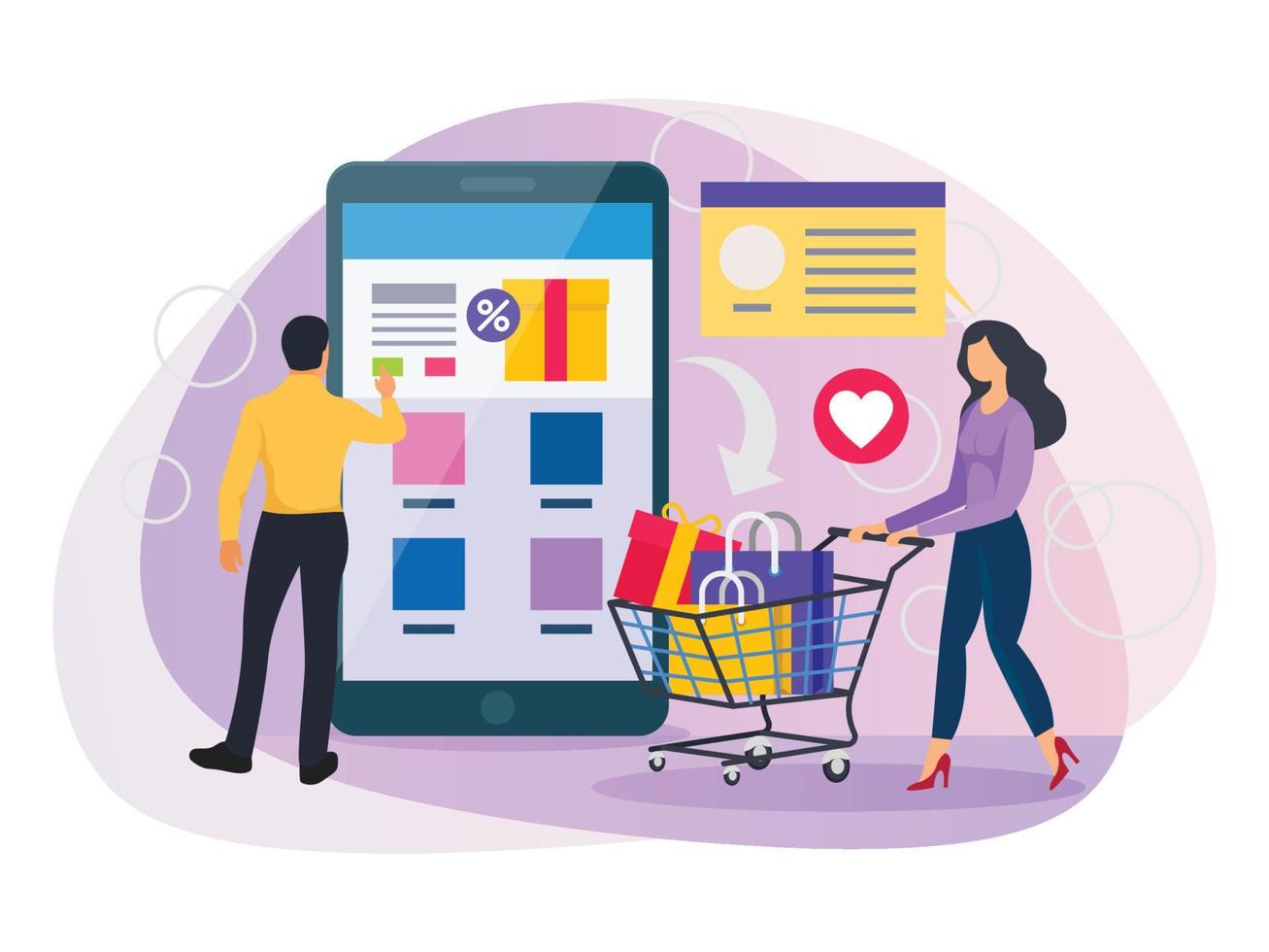 Men and woman adding discounted products in cart illustration. vector