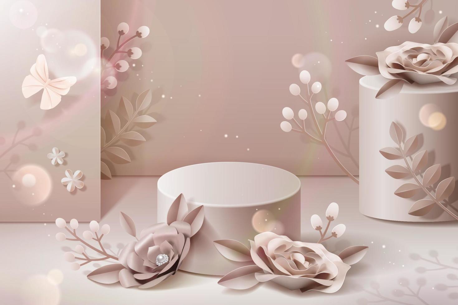 podio con flores de papel rosa pálido en ilustración 3d vector