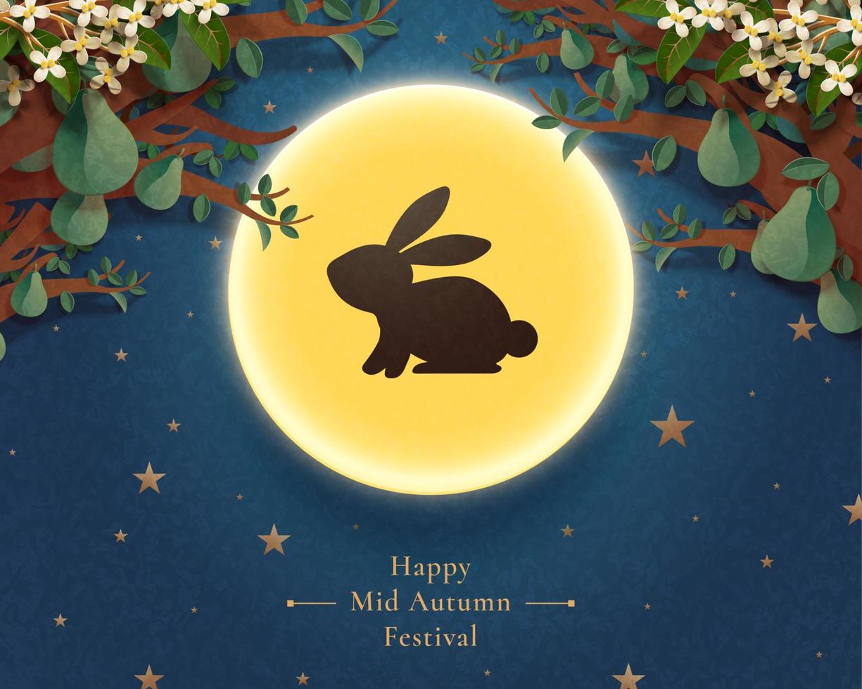 Happy mid autumn festival with rabbit silhouette on the full moon vector