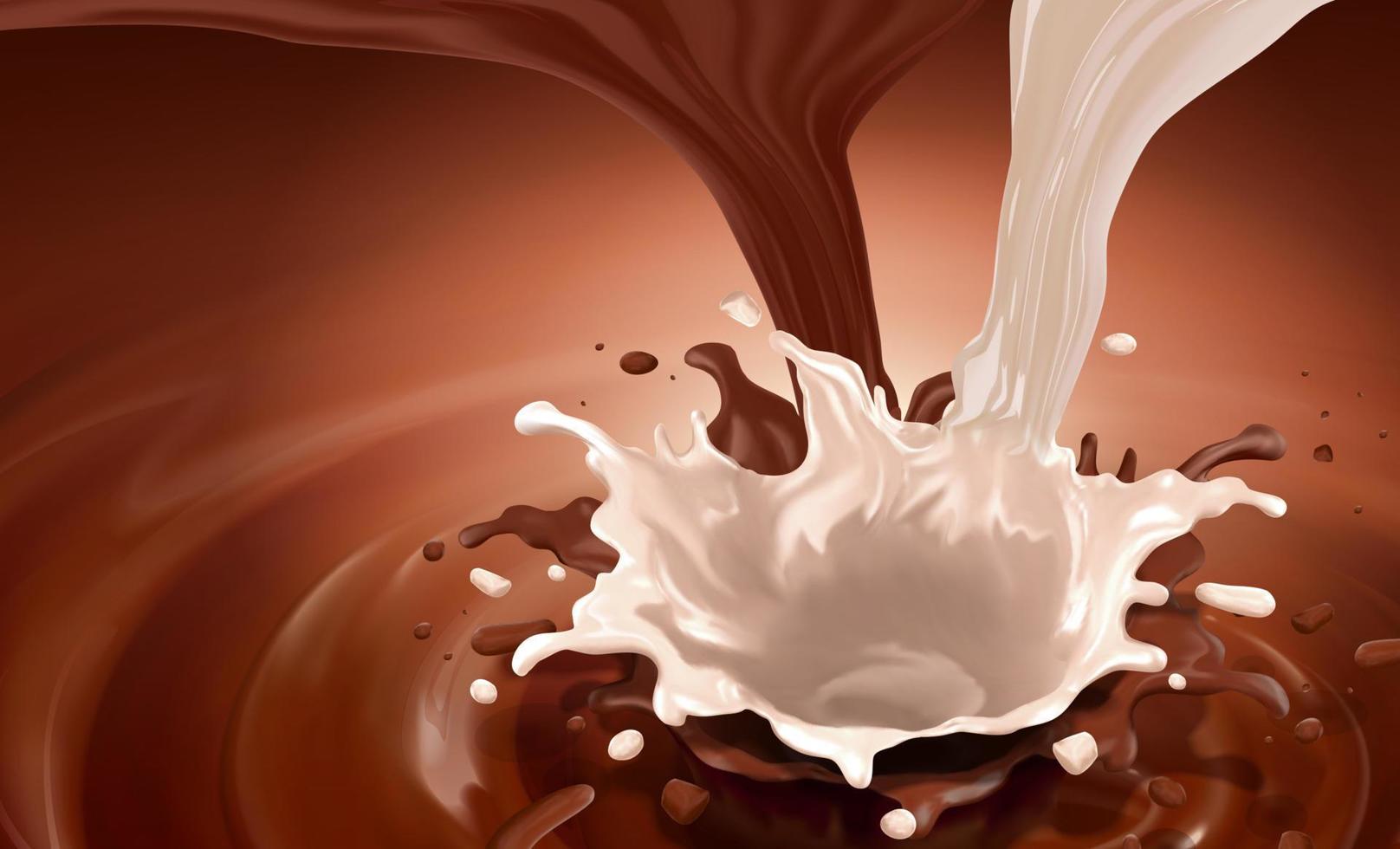 Salsa de salpicaduras de chocolate con leche en ilustración 3d sobre fondo marrón vector