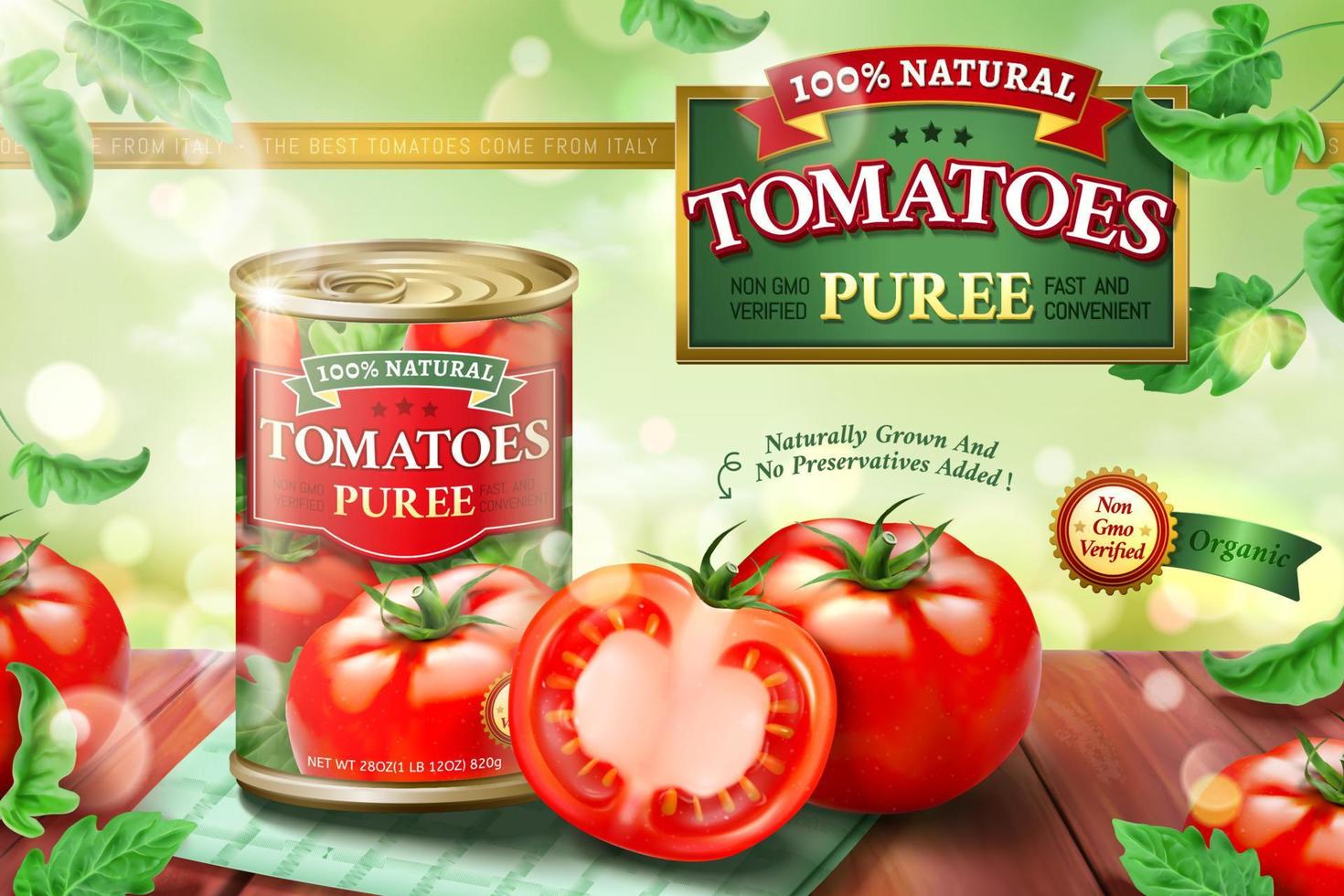 Canned tomato puree ads with fresh vegetables on wooden table in 3d illustration vector
