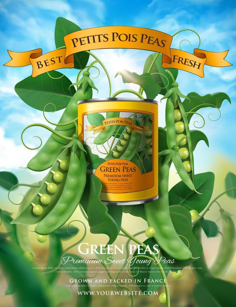 Canned young peas ads poster with fresh plant on blue sky background in 3d illustration vector