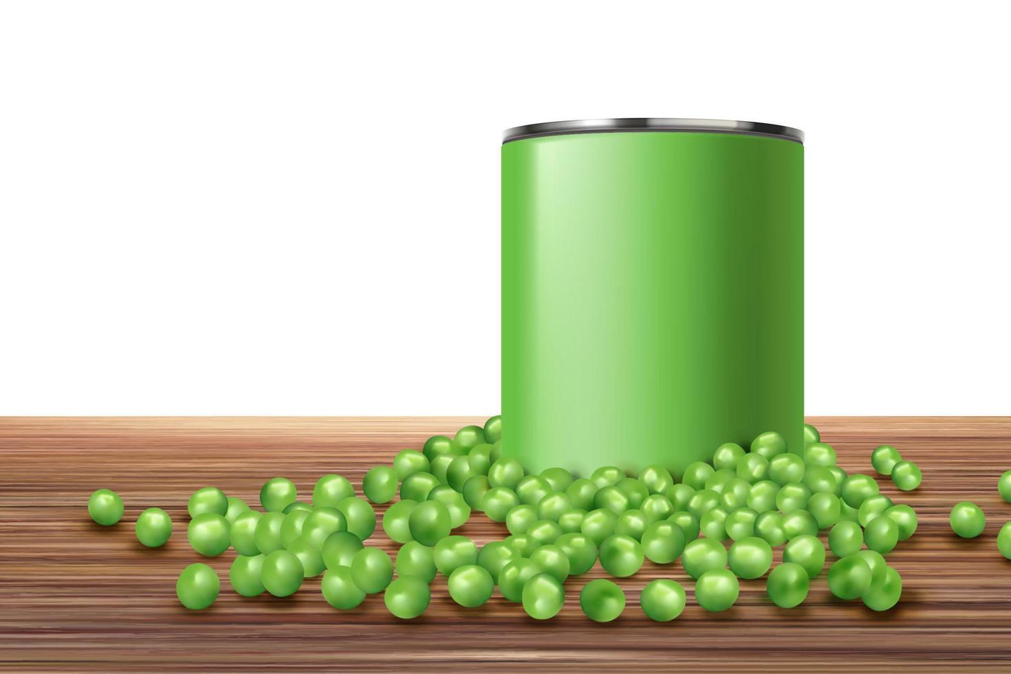 Canned young peas mockup in 3d illustration on wooden table vector