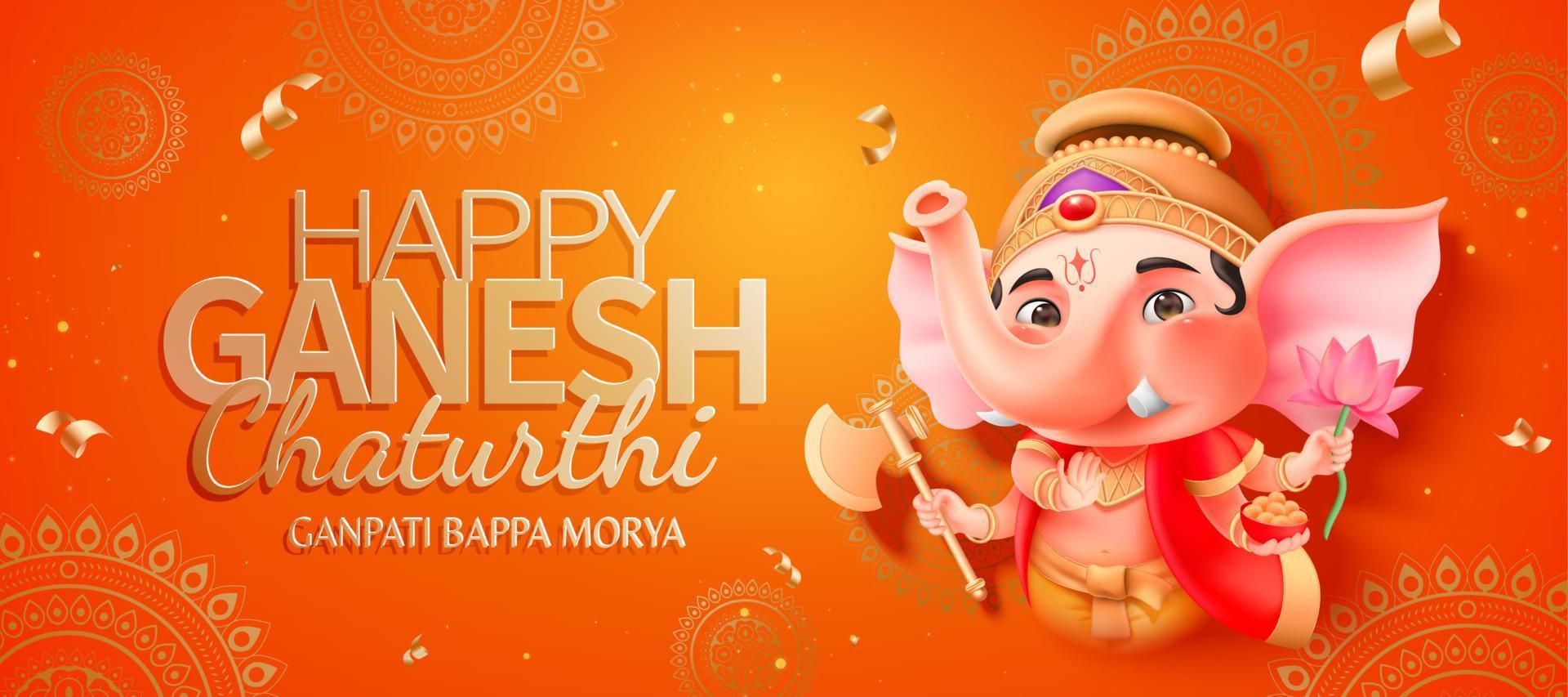 Lovely chubby Ganesha holding gulab, lotus and axe on orange mandala banner vector
