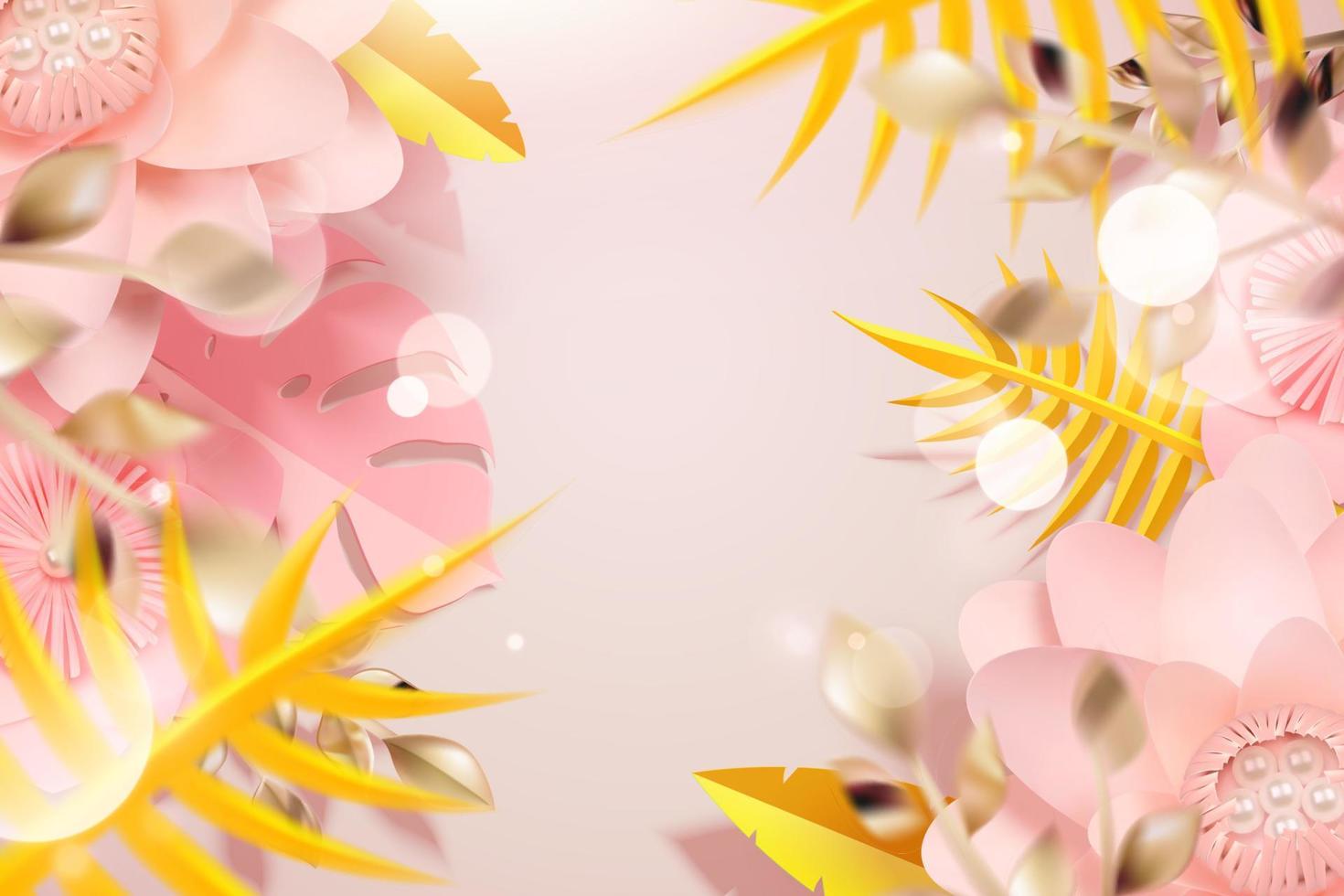 flores de papel y fondo de hojas tropicales en ilustración 3d vector