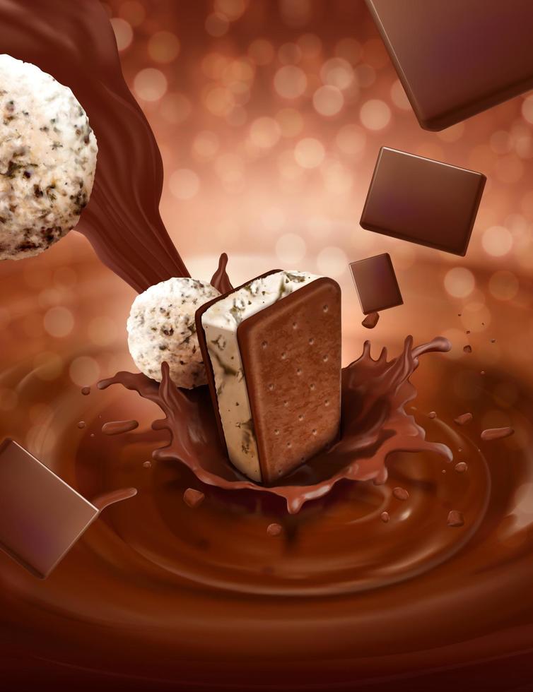 Ice cream sandwich cookie with pouring chocolate sauce on brown glitter background in 3d illustration vector