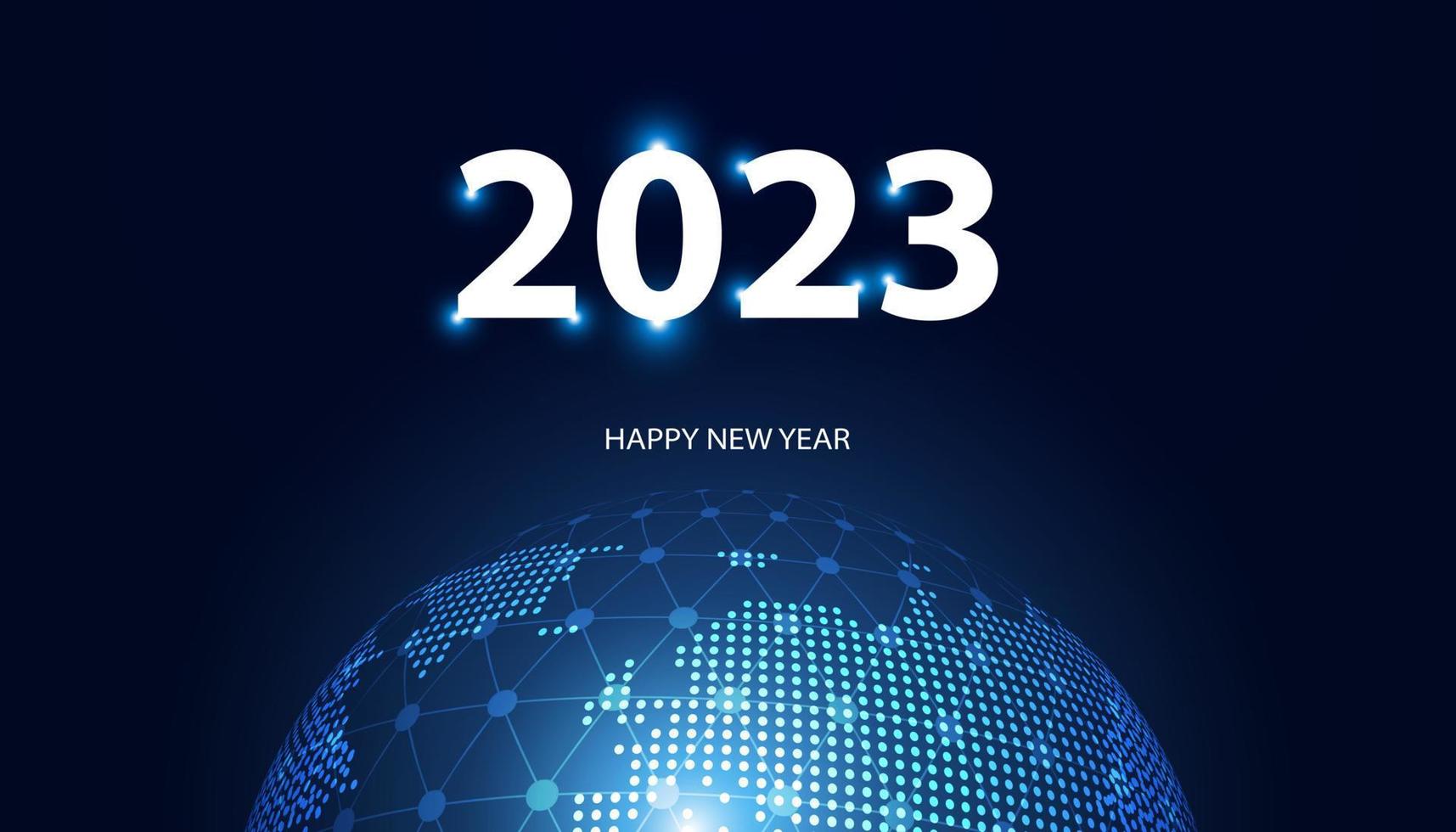 resumen feliz año nuevo 2023 red global de luz sobre fondo azul digital futurista moderno espacio de alta tecnología vector