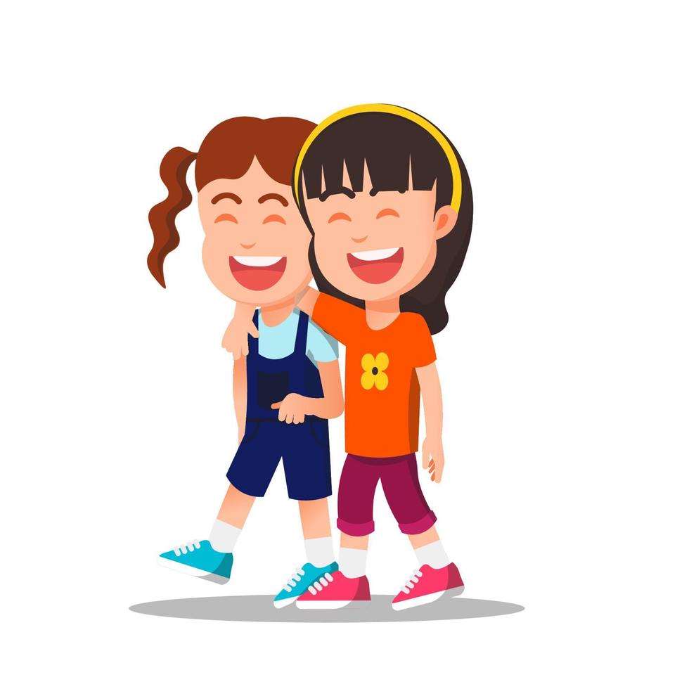 a little girl embracing her friends while walking together vector