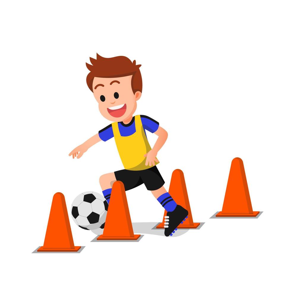 a cheerful boy practicing soccer with several cones vector