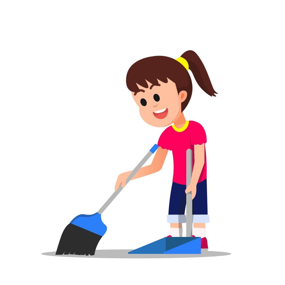 a little girl sweeps the floor to clean it from dust vector