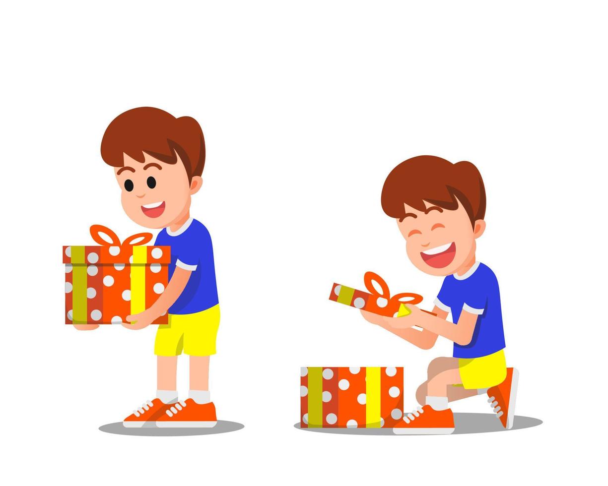 un niño feliz abre la caja de regalo que recibió vector