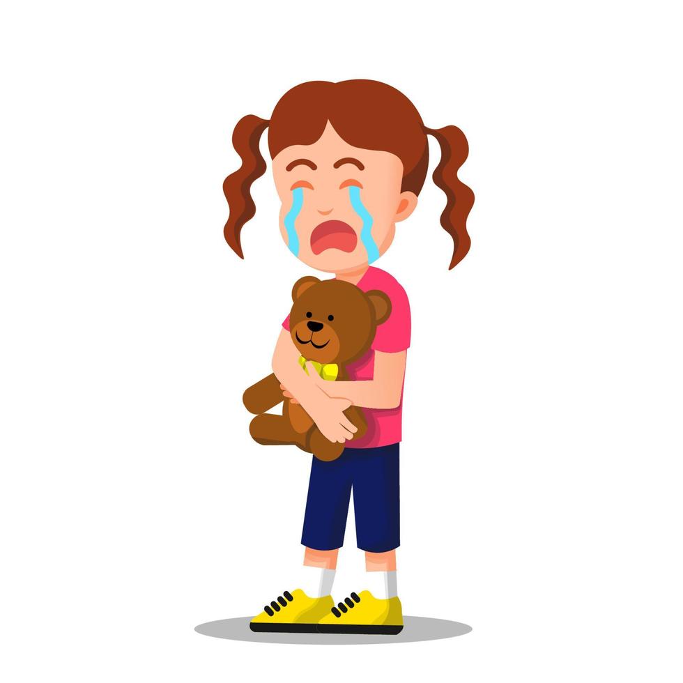 a little girl crying while holding a teddy bear vector