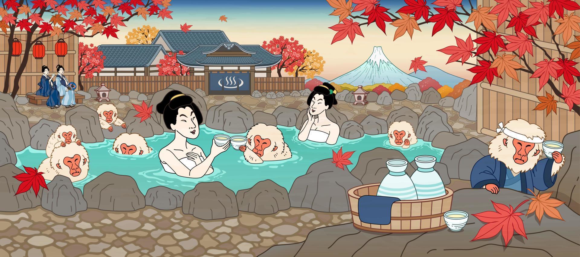 Japanese ukiyo-e style women and cute monkey enjoying outdoor hot spring and sake, beautiful maple scenery vector