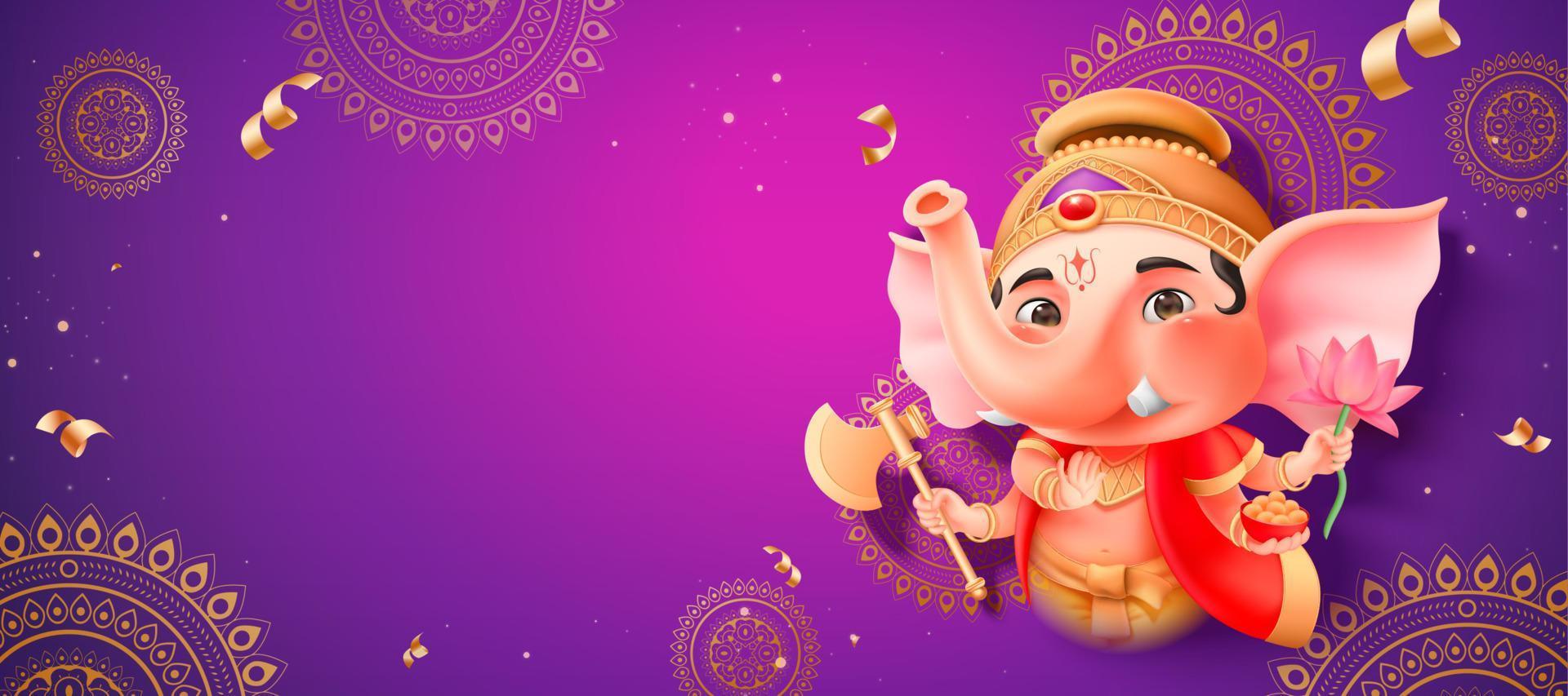 Lovely chubby Ganesha holding gulab, lotus and axe on purple mandala banner vector