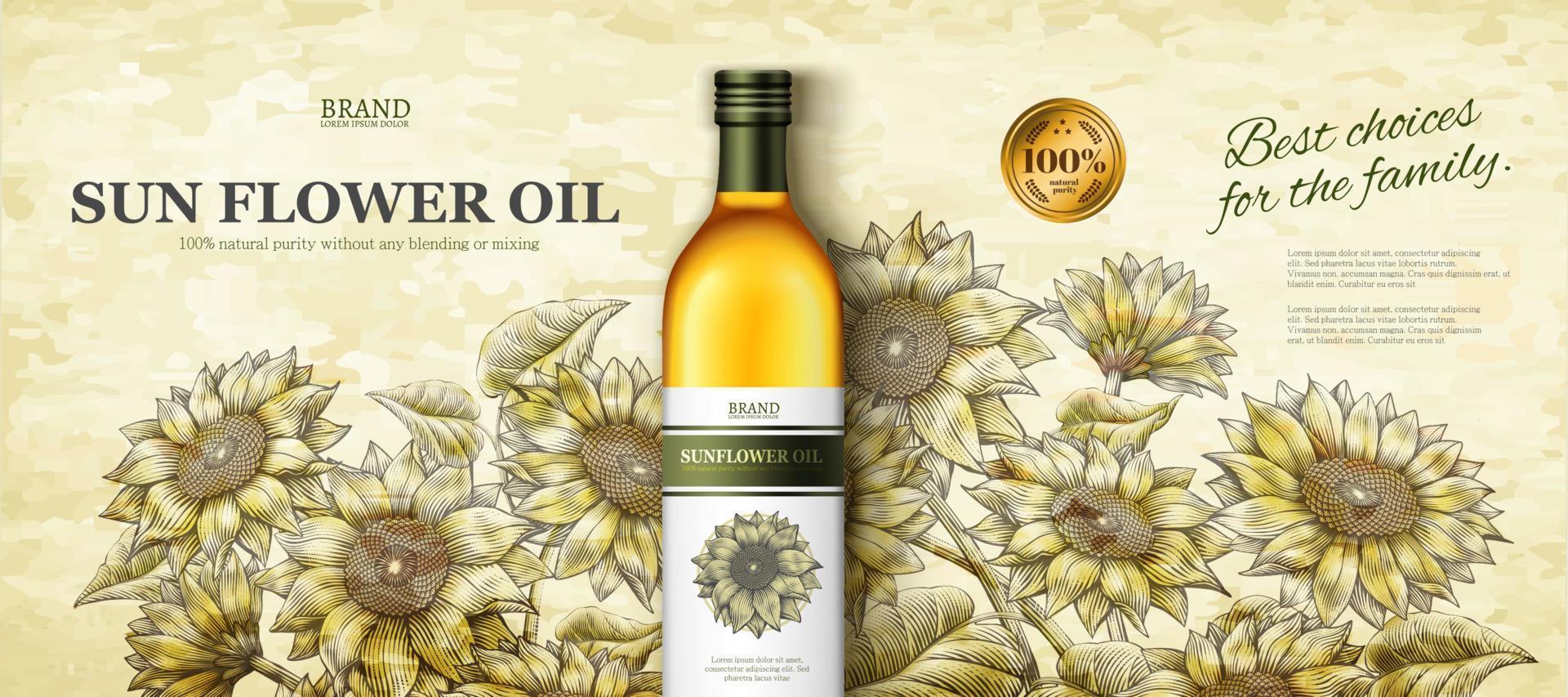 anuncios de aceite de flor de sol en ilustración 3d en un elegante jardín de girasol de estilo grabado en madera vector