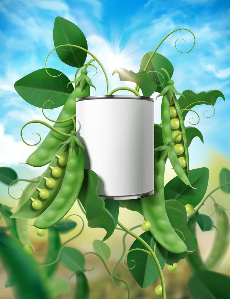 Canned young pea mockup with fresh plant on blue sky background in 3d illustration vector